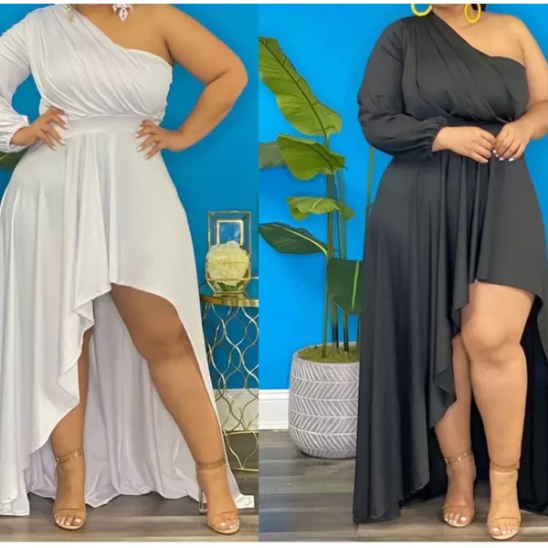 IyMoo Womens Sexy Plus Size One Shoulder Long Sleeve Ruched Elegant High Low Maxi Dress Party GownsBlack