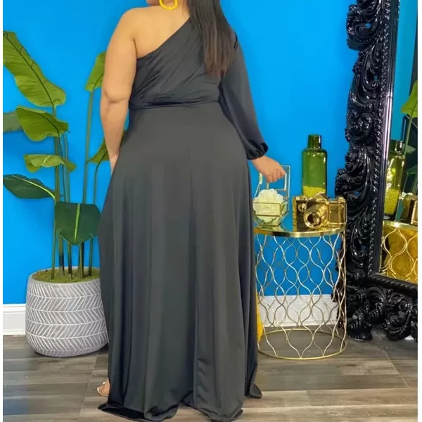 IyMoo Womens Sexy Plus Size One Shoulder Long Sleeve Ruched Elegant High Low Maxi Dress Party GownsBlack