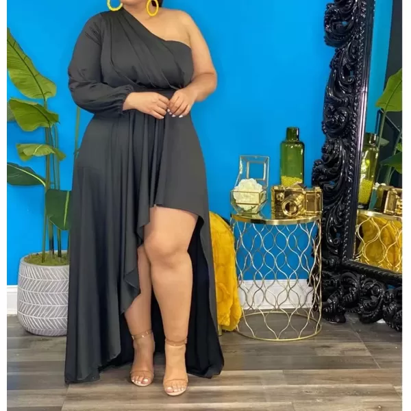 IyMoo Womens Sexy Plus Size One Shoulder Long Sleeve Ruched Elegant High Low Maxi Dress Party GownsBlack