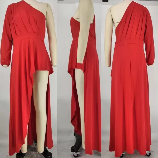 IyMoo Womens Sexy Plus Size One Shoulder Long Sleeve Ruched Elegant High Low Maxi Dress Party GownsRed