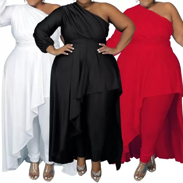 IyMoo Womens Sexy Plus Size One Shoulder Long Sleeve Ruched Elegant High Low Maxi Dress Party GownsRed