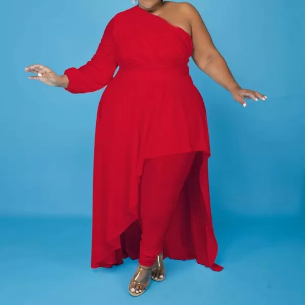 IyMoo Womens Sexy Plus Size One Shoulder Long Sleeve Ruched Elegant High Low Maxi Dress Party GownsRed