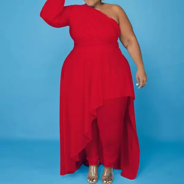 IyMoo Womens Sexy Plus Size One Shoulder Long Sleeve Ruched Elegant High Low Maxi Dress Party GownsRed