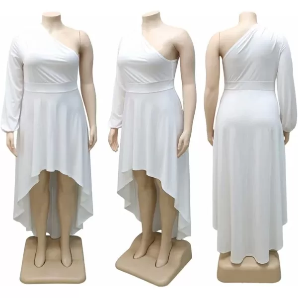 IyMoo Womens Sexy Plus Size One Shoulder Long Sleeve Ruched Elegant High Low Maxi Dress Party GownsWhite