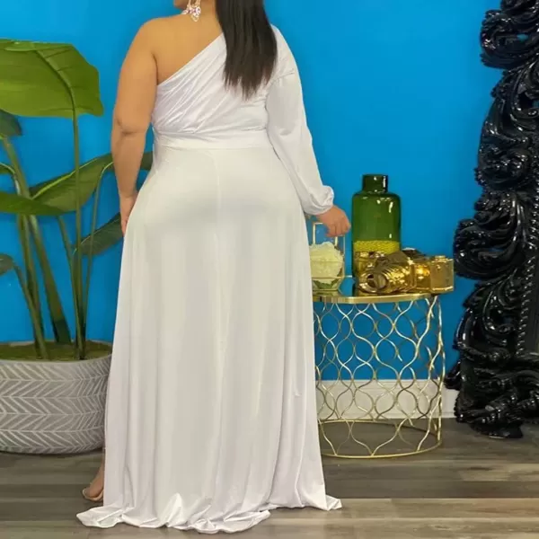 IyMoo Womens Sexy Plus Size One Shoulder Long Sleeve Ruched Elegant High Low Maxi Dress Party GownsWhite