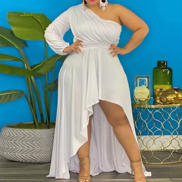 IyMoo Womens Sexy Plus Size One Shoulder Long Sleeve Ruched Elegant High Low Maxi Dress Party GownsWhite