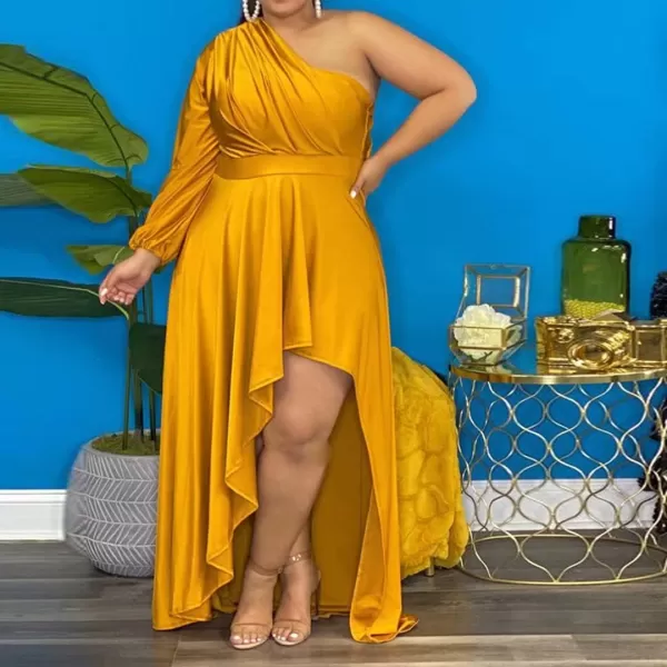 IyMoo Womens Sexy Plus Size One Shoulder Long Sleeve Ruched Elegant High Low Maxi Dress Party GownsYellow