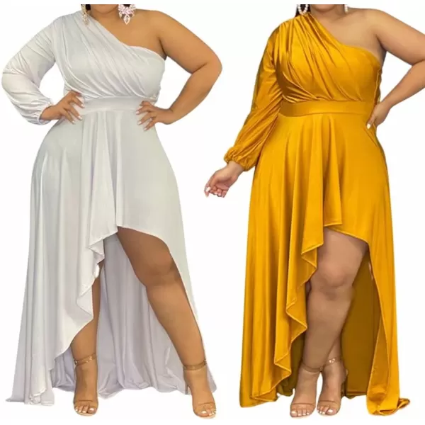 IyMoo Womens Sexy Plus Size One Shoulder Long Sleeve Ruched Elegant High Low Maxi Dress Party GownsYellow