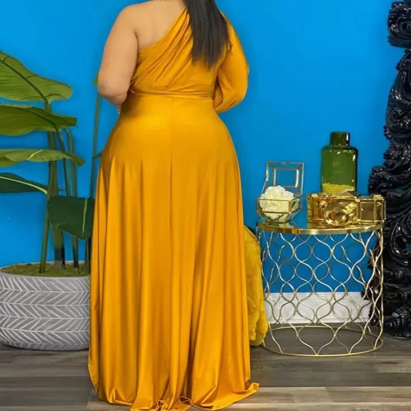 IyMoo Womens Sexy Plus Size One Shoulder Long Sleeve Ruched Elegant High Low Maxi Dress Party GownsYellow