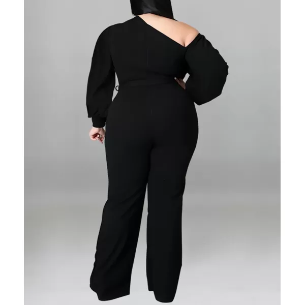 IyMoo Womens Sexy Plus Size One Shoulder Wide Leg Long Sleeve Cocktail V Neck Jumpsuits Romper086 Black