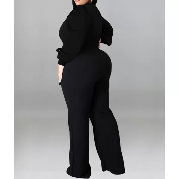 IyMoo Womens Sexy Plus Size One Shoulder Wide Leg Long Sleeve Cocktail V Neck Jumpsuits Romper086 Black