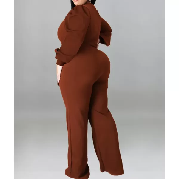 IyMoo Womens Sexy Plus Size One Shoulder Wide Leg Long Sleeve Cocktail V Neck Jumpsuits Romper086 Brown