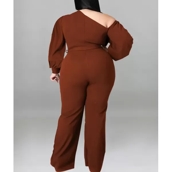 IyMoo Womens Sexy Plus Size One Shoulder Wide Leg Long Sleeve Cocktail V Neck Jumpsuits Romper086 Brown