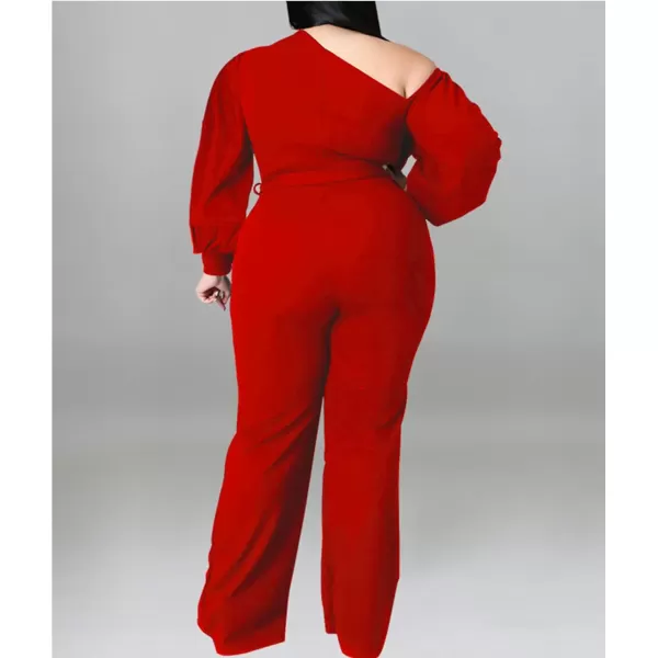 IyMoo Womens Sexy Plus Size One Shoulder Wide Leg Long Sleeve Cocktail V Neck Jumpsuits Romper086 Red