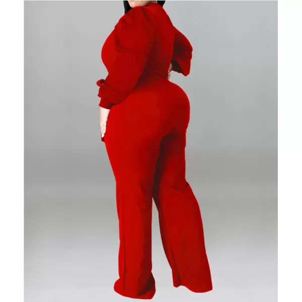 IyMoo Womens Sexy Plus Size One Shoulder Wide Leg Long Sleeve Cocktail V Neck Jumpsuits Romper086 Red