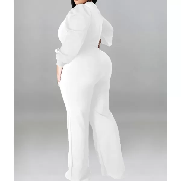 IyMoo Womens Sexy Plus Size One Shoulder Wide Leg Long Sleeve Cocktail V Neck Jumpsuits Romper086 White