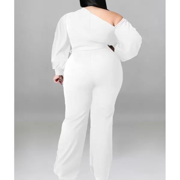 IyMoo Womens Sexy Plus Size One Shoulder Wide Leg Long Sleeve Cocktail V Neck Jumpsuits Romper086 White