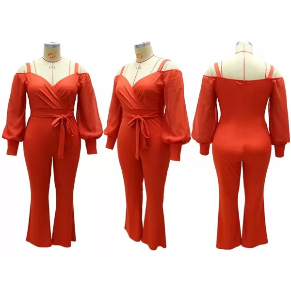 IyMoo Womens Sexy Plus Size One Shoulder Wide Leg Long Sleeve Cocktail V Neck Jumpsuits Romper494 Red