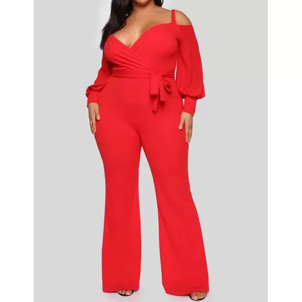 IyMoo Womens Sexy Plus Size One Shoulder Wide Leg Long Sleeve Cocktail V Neck Jumpsuits Romper494 Red