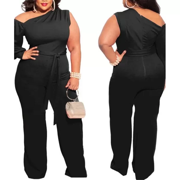 IyMoo Womens Sexy Plus Size One Shoulder Wide Leg Long Sleeve Cocktail V Neck Jumpsuits RomperBlack
