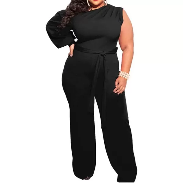 IyMoo Womens Sexy Plus Size One Shoulder Wide Leg Long Sleeve Cocktail V Neck Jumpsuits RomperBlack