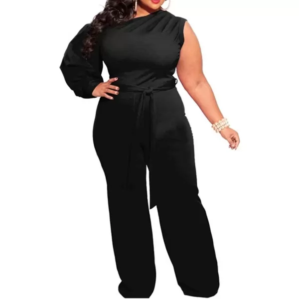 IyMoo Womens Sexy Plus Size One Shoulder Wide Leg Long Sleeve Cocktail V Neck Jumpsuits RomperBlack