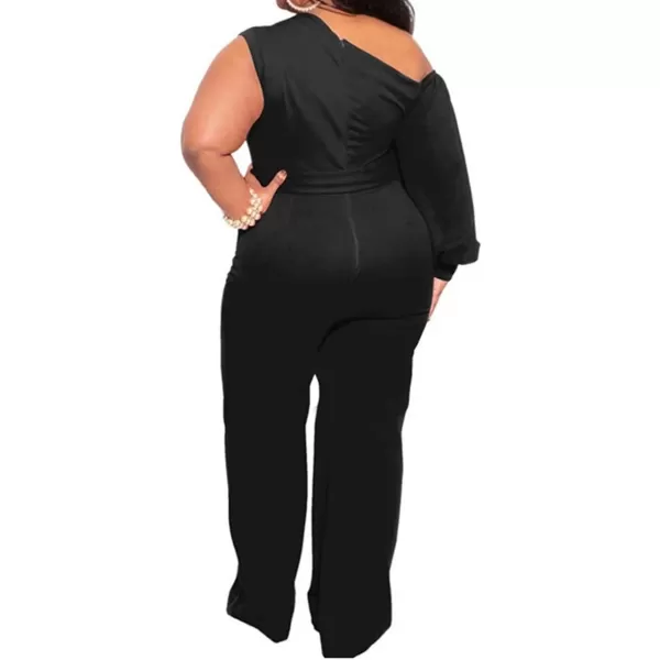 IyMoo Womens Sexy Plus Size One Shoulder Wide Leg Long Sleeve Cocktail V Neck Jumpsuits RomperBlack