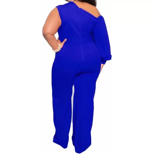 IyMoo Womens Sexy Plus Size One Shoulder Wide Leg Long Sleeve Cocktail V Neck Jumpsuits RomperBlue