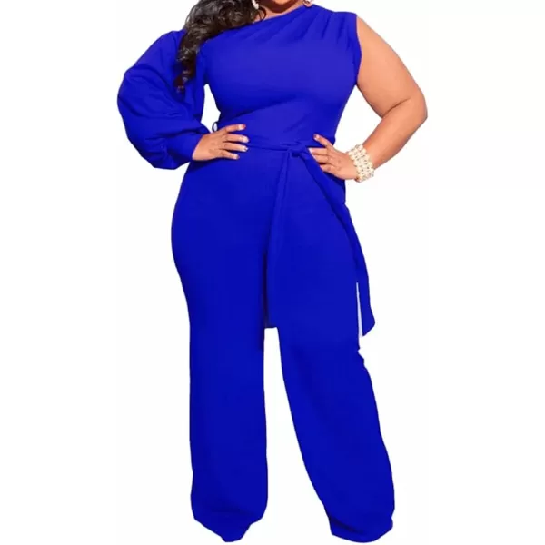 IyMoo Womens Sexy Plus Size One Shoulder Wide Leg Long Sleeve Cocktail V Neck Jumpsuits RomperBlue