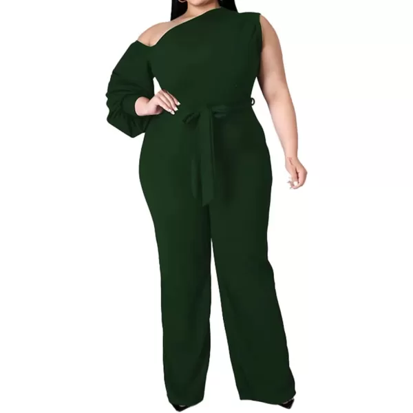 IyMoo Womens Sexy Plus Size One Shoulder Wide Leg Long Sleeve Cocktail V Neck Jumpsuits RomperGreen