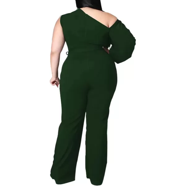 IyMoo Womens Sexy Plus Size One Shoulder Wide Leg Long Sleeve Cocktail V Neck Jumpsuits RomperGreen