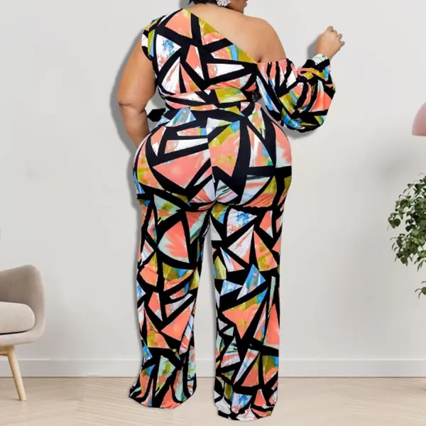 IyMoo Womens Sexy Plus Size One Shoulder Wide Leg Long Sleeve Cocktail V Neck Jumpsuits RomperMulticolored
