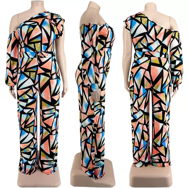 IyMoo Womens Sexy Plus Size One Shoulder Wide Leg Long Sleeve Cocktail V Neck Jumpsuits RomperMulticolored