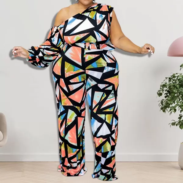 IyMoo Womens Sexy Plus Size One Shoulder Wide Leg Long Sleeve Cocktail V Neck Jumpsuits RomperMulticolored