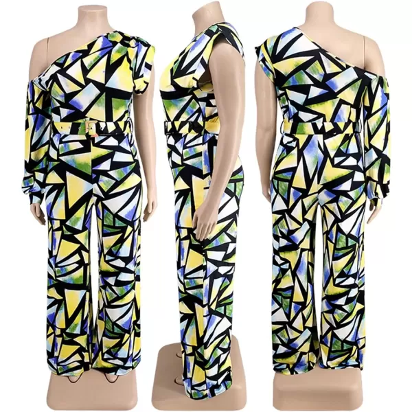 IyMoo Womens Sexy Plus Size One Shoulder Wide Leg Long Sleeve Cocktail V Neck Jumpsuits RomperMulticolored Yellow