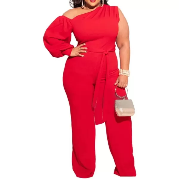 IyMoo Womens Sexy Plus Size One Shoulder Wide Leg Long Sleeve Cocktail V Neck Jumpsuits RomperRed