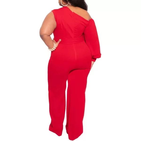 IyMoo Womens Sexy Plus Size One Shoulder Wide Leg Long Sleeve Cocktail V Neck Jumpsuits RomperRed