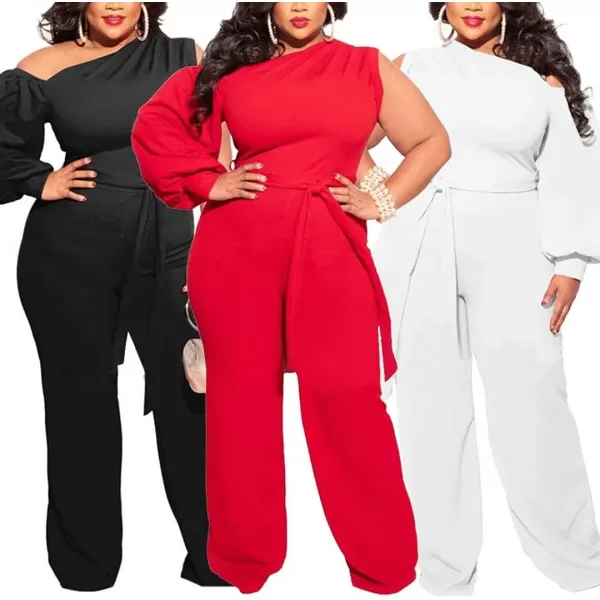 IyMoo Womens Sexy Plus Size One Shoulder Wide Leg Long Sleeve Cocktail V Neck Jumpsuits RomperRed