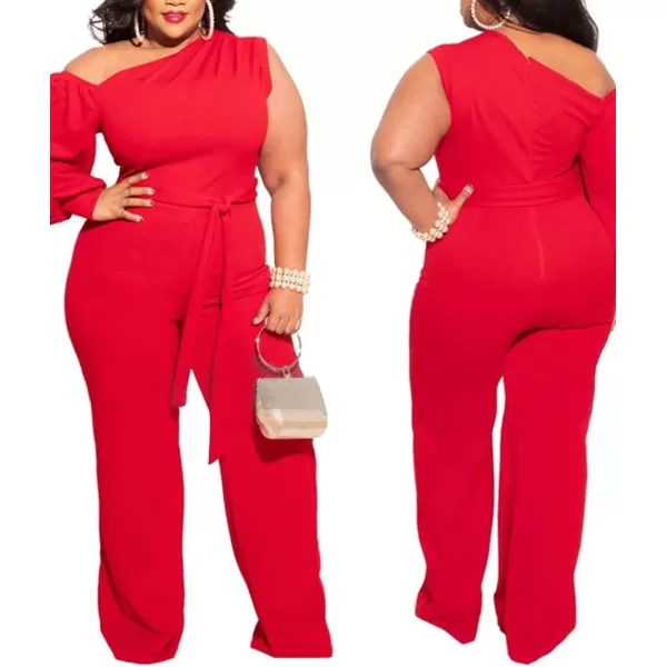 IyMoo Womens Sexy Plus Size One Shoulder Wide Leg Long Sleeve Cocktail V Neck Jumpsuits RomperRed