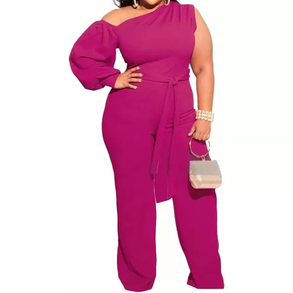 IyMoo Womens Sexy Plus Size One Shoulder Wide Leg Long Sleeve Cocktail V Neck Jumpsuits RomperRose Red