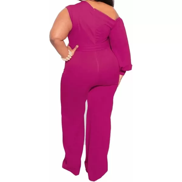 IyMoo Womens Sexy Plus Size One Shoulder Wide Leg Long Sleeve Cocktail V Neck Jumpsuits RomperRose Red