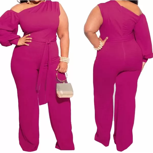 IyMoo Womens Sexy Plus Size One Shoulder Wide Leg Long Sleeve Cocktail V Neck Jumpsuits RomperRose Red