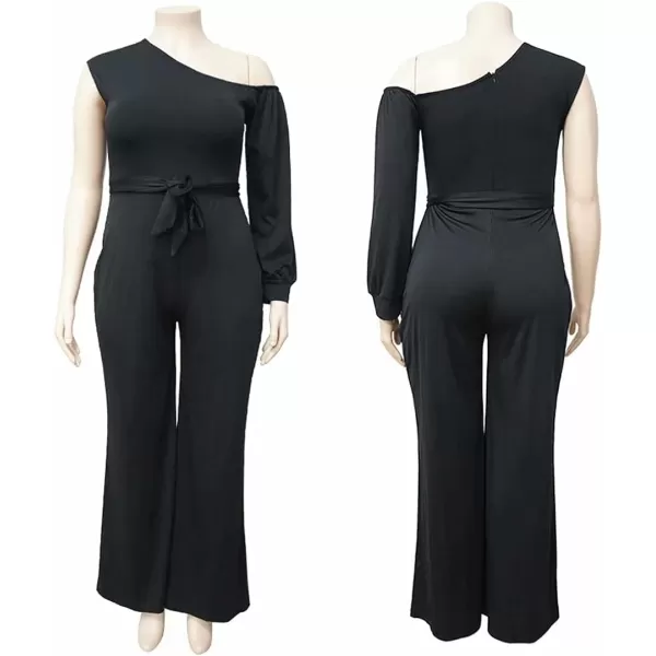 IyMoo Womens Sexy Plus Size One Shoulder Wide Leg Long Sleeve Cocktail V Neck Jumpsuits RomperRose Red