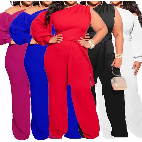 IyMoo Womens Sexy Plus Size One Shoulder Wide Leg Long Sleeve Cocktail V Neck Jumpsuits RomperRose Red