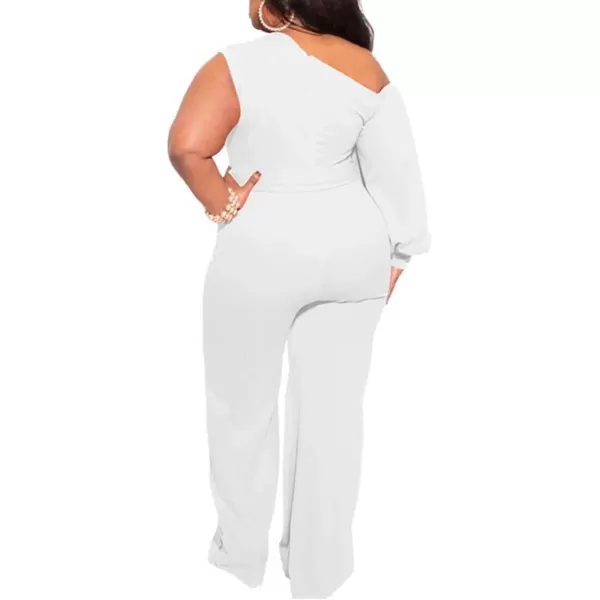 IyMoo Womens Sexy Plus Size One Shoulder Wide Leg Long Sleeve Cocktail V Neck Jumpsuits RomperWhite