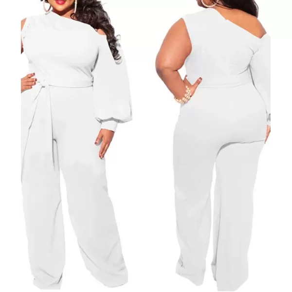 IyMoo Womens Sexy Plus Size One Shoulder Wide Leg Long Sleeve Cocktail V Neck Jumpsuits RomperWhite