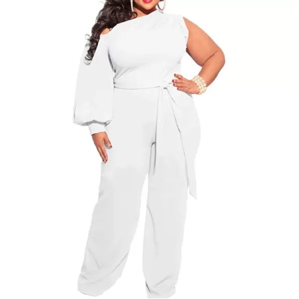 IyMoo Womens Sexy Plus Size One Shoulder Wide Leg Long Sleeve Cocktail V Neck Jumpsuits RomperWhite