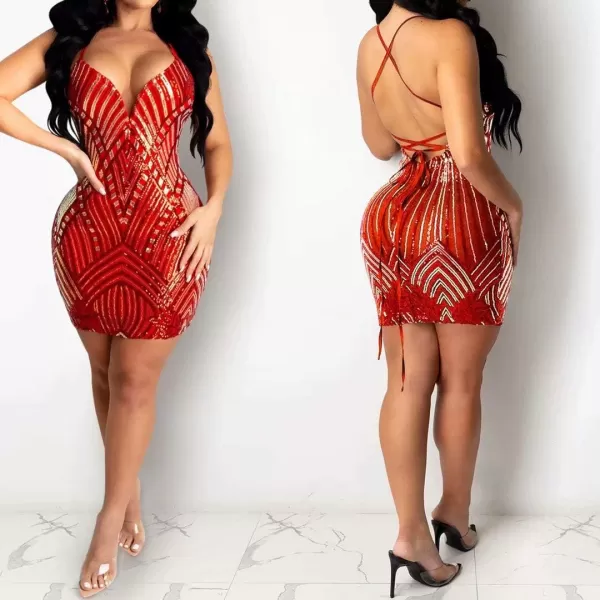 IyMoo Womens Sexy Sequin Glitter Spagetti Straps Bandage Bodycon Mini Club Party Dress000 Red