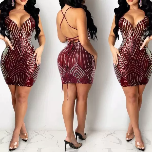 IyMoo Womens Sexy Sequin Glitter Spagetti Straps Bandage Bodycon Mini Club Party Dress000 Wine Red