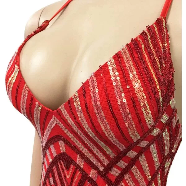 IyMoo Womens Sexy Sequin Glitter Spagetti Straps Bandage Bodycon Mini Club Party Dress000 Wine Red